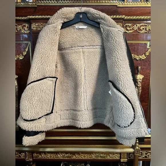 ZARA Men’s Faux Leather/Shearling Aviator Jacket - Picture 2 of 5